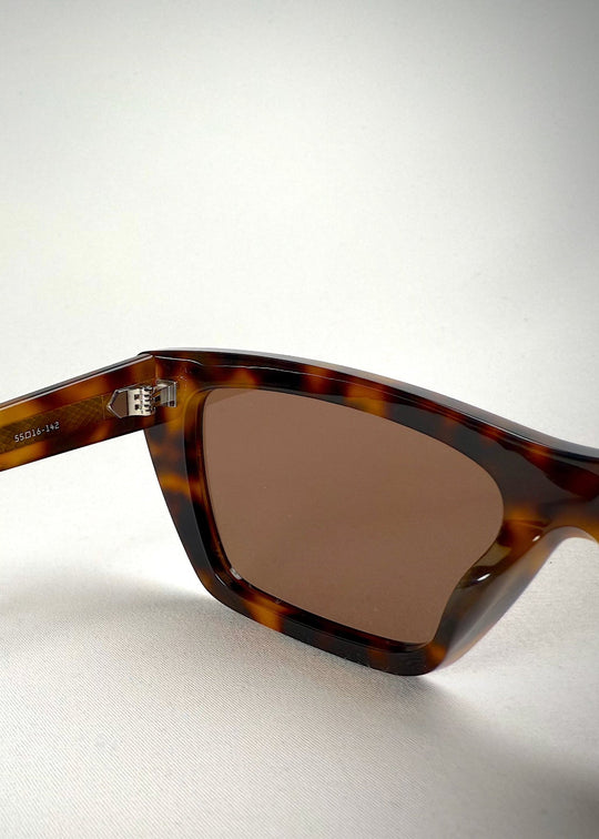 Close-up of Aquila tortoiseshell sunglasses temple, showcasing intricate acetate detailing and sleek craftsmanship.