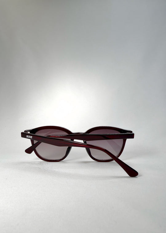 Back angle view of Elvor sunglasses in Mulberry Mist, showcasing the curvature of the frame and tinted lenses from above.