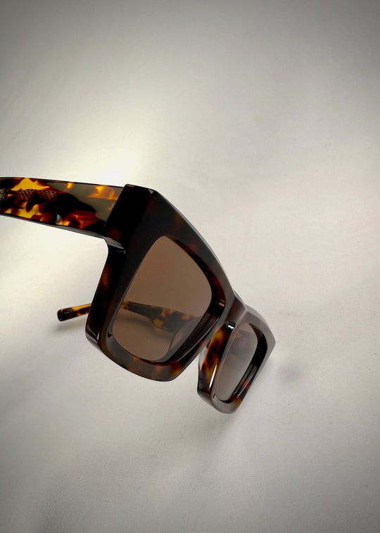 Side-angle view of Fomalhaut tortoiseshell acetate prescription sunglasses, showing the lens shape and temple profile. 