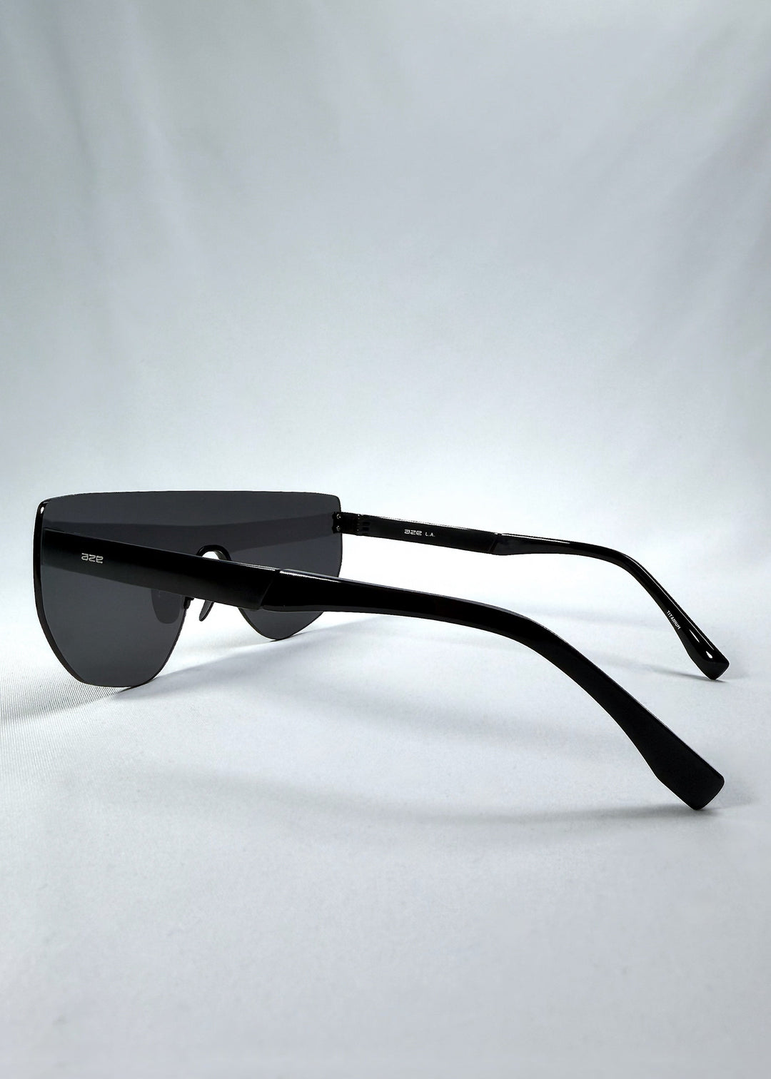 Side view of Aegis Field sunglasses in Obsidian Black, featuring one-piece titanium shield frame and smoky black lens, showing the lens shape and temple profile. 