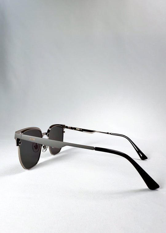 Side view of Altessa Gunmetal Ash showing the brushed grey stainless steel temples and AZE logo detailing. 