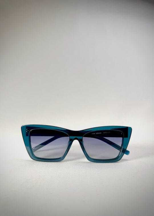 Folded view of Aquila Blue sunglasses, showing the folded temples and acetate frame. 