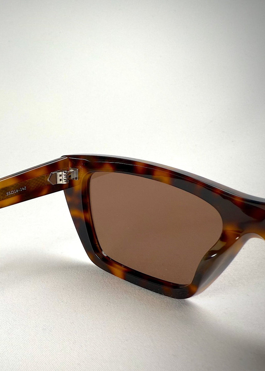 Close-up of the Aquila Tortoiseshell temple, showing the acetate detailing and hinge area. 