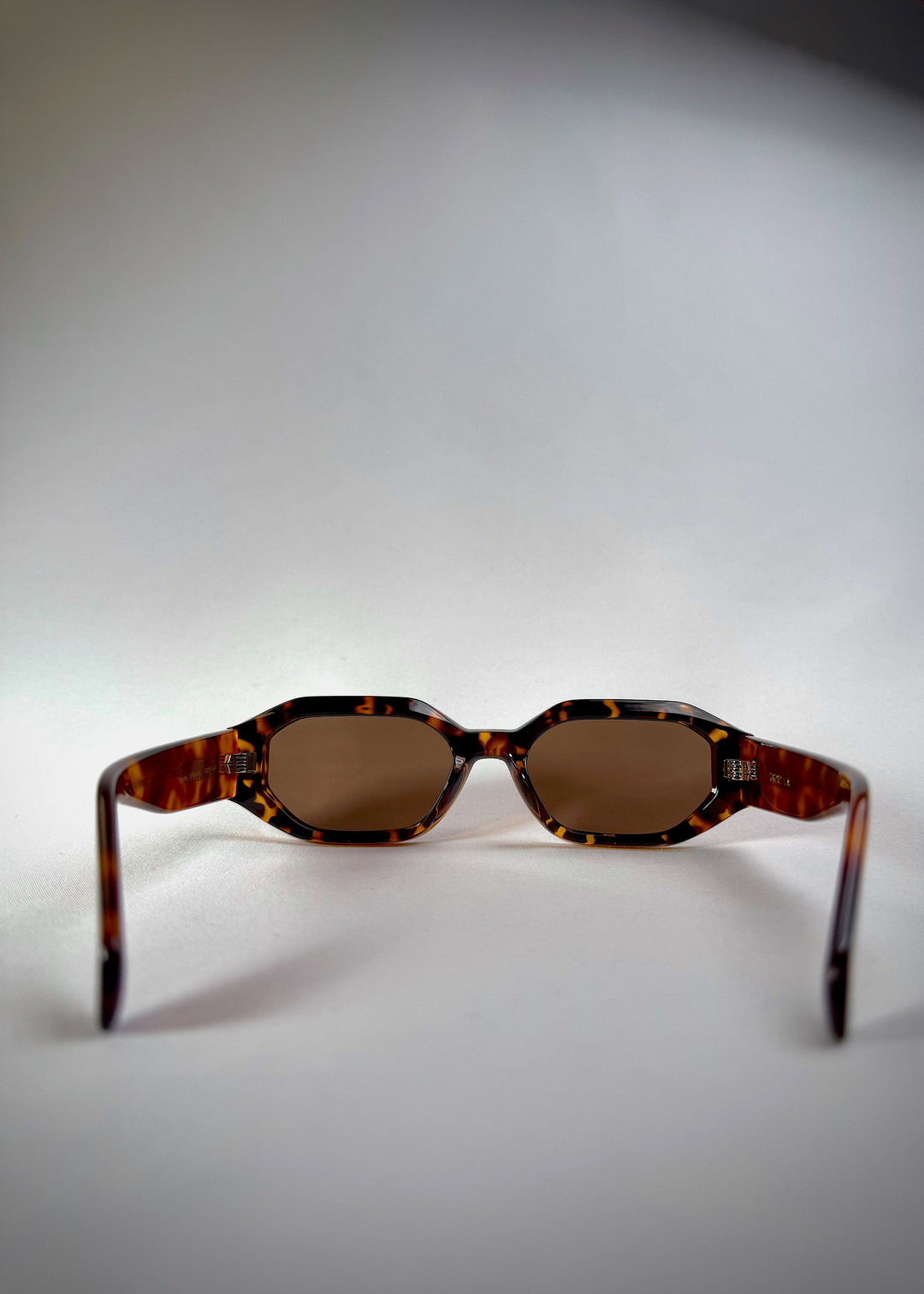 Back view of Castor - Tortoiseshell acetate prescription sunglasses, showcasing the unique hexagonal frame and rich amber tortoiseshell pattern. 