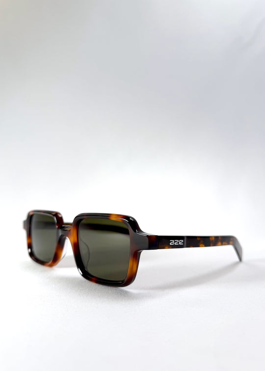 Front-angle view of Draxen tortoiseshell sunglasses, highlighting the warm amber tones and clean geometry of the frame. 