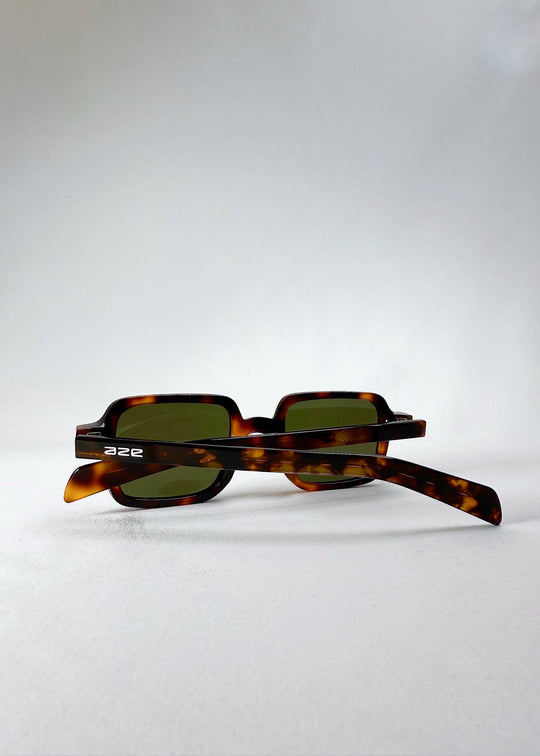 Inside temple view of Draxen in tortoise, showing hinge structure and interior branding details. 
