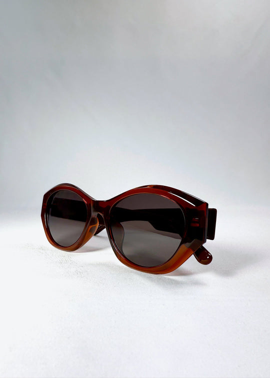Close-up of the temple and hinge design of the Burnished Umber Eclipse Feline sunglasses with metallic hardware and polished finish. 