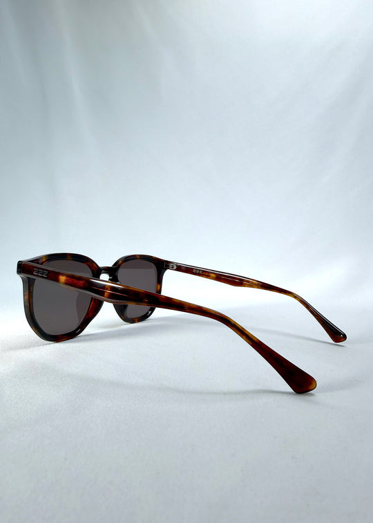 Back-angle view of Elara sunglasses in Tortoiseshell, featuring tortoiseshell acetate frame and dark lenses, showing the back structure and temple alignment.