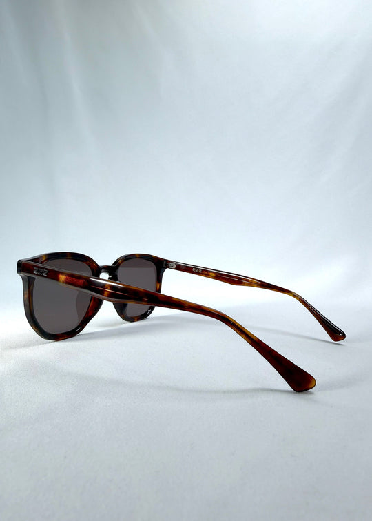 Back-angle view of Elara sunglasses in Tortoiseshell, featuring tortoiseshell acetate frame and dark lenses, showing the back structure and temple alignment. 