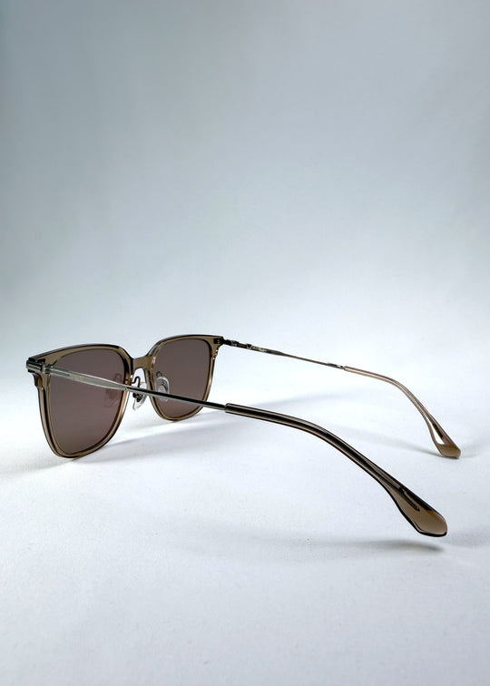 Back-angle view of Eon Drift sunglasses in Mocha Bronze, featuring a warm mocha frame, bronze-tone accents, and brown gradient lenses, showing the rear frame structure and temple alignment.