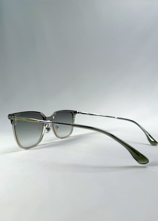 Back-angle view of Eon Drift sunglasses in Olive Shadow, featuring a translucent olive-gray frame and gray gradient lenses, showing the rear frame structure and temple alignment.