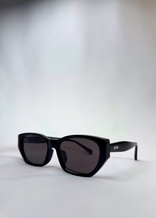 Three-quarter front view of Mirach sunglasses in Black, featuring a glossy black acetate frame and gray UV400 lenses, showing the front shape and temple profile. 