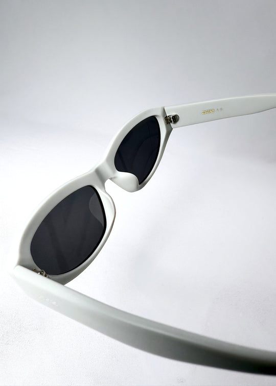 Oblique view of the dark polarized lenses in the Nebula Shade Glacial Ash frame, emphasizing UV protection and wrap fit. 
