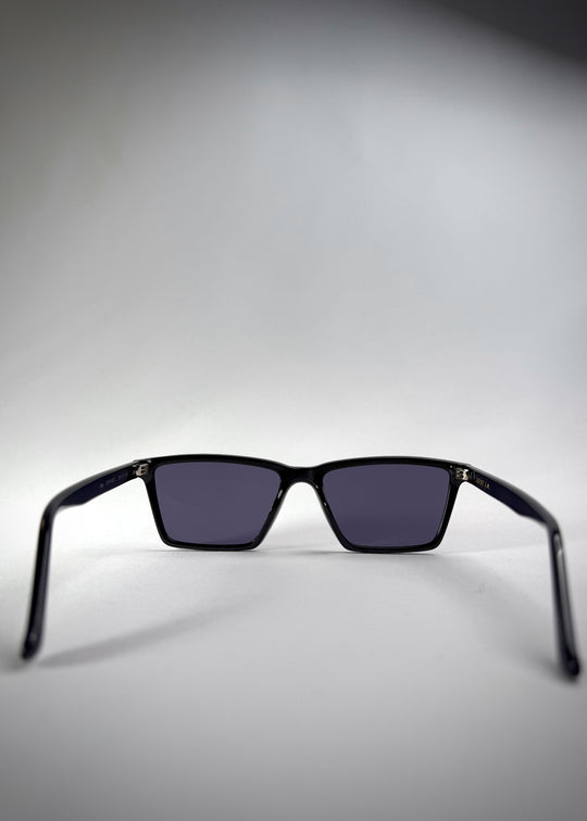 Back view of Rho Black TR90-Acetate prescription sunglasses with blue-grey lenses – highlighting the sturdy acetate temples and sleek frame construction. 