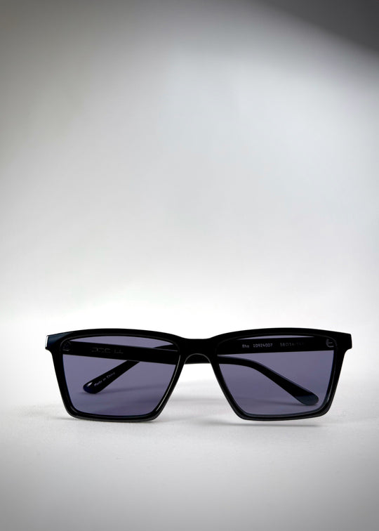 Folded front view of Rho Black TR90-Acetate prescription sunglasses with blue-grey lenses – showcasing a sleek and structured rectangular frame. 