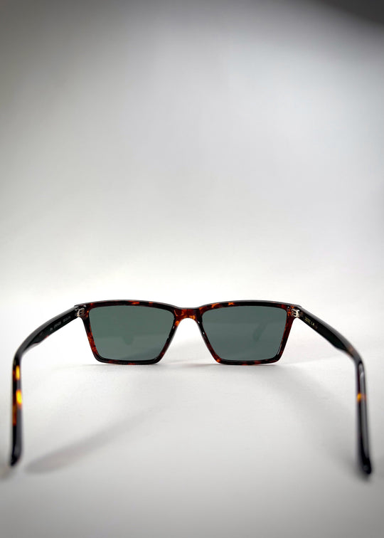 Back view of Rho Tortoiseshell acetate prescription sunglasses, showing the sturdy acetate temples and frame structure. 