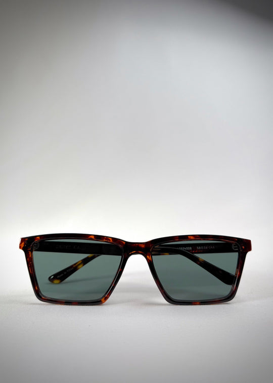 Front view of folded Rho Tortoiseshell acetate prescription sunglasses, showcasing the stylish tortoiseshell pattern. 