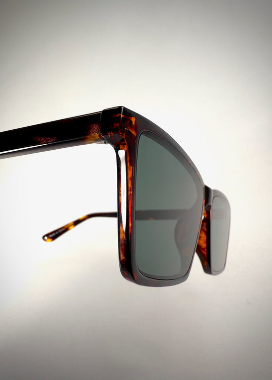 Close-up of Rho Tortoiseshell acetate prescription sunglasses, highlighting the rich tortoiseshell frame and hinge detail for a refined look. 