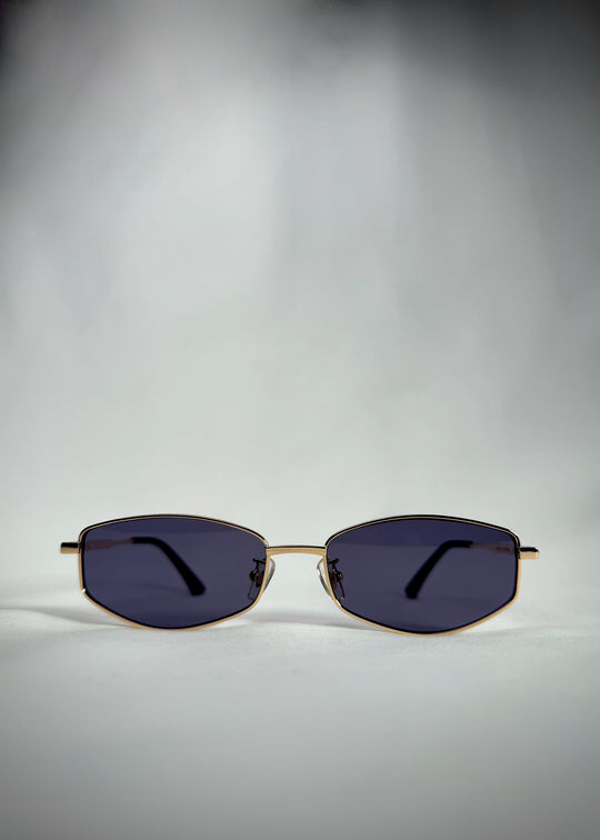 Front view of Sirius B - Gold stainless steel sunglasses with blue-gray UV400 lenses, designed for a sleek and refined look. 