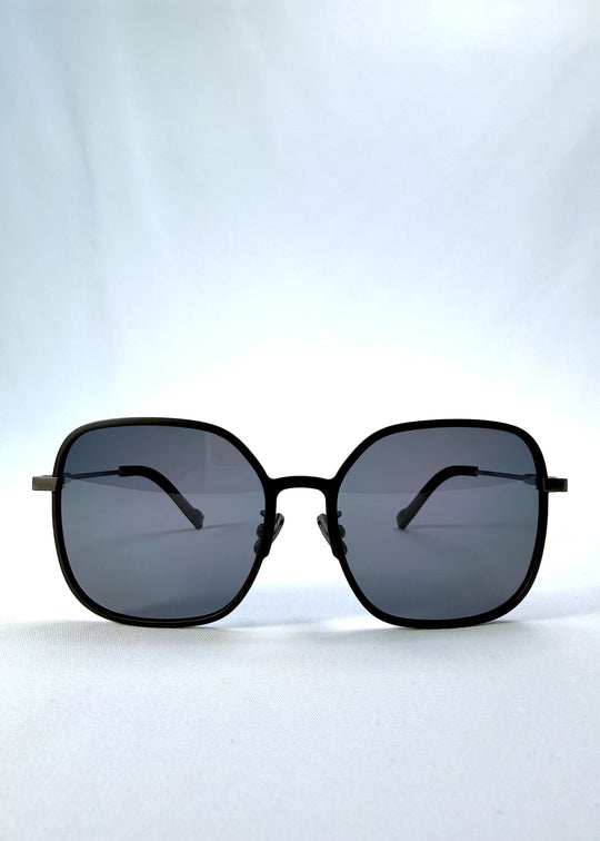 Front view of Spica sunglasses in Black, featuring light titanium frame and polarized lenses, showing the full front silhouette.