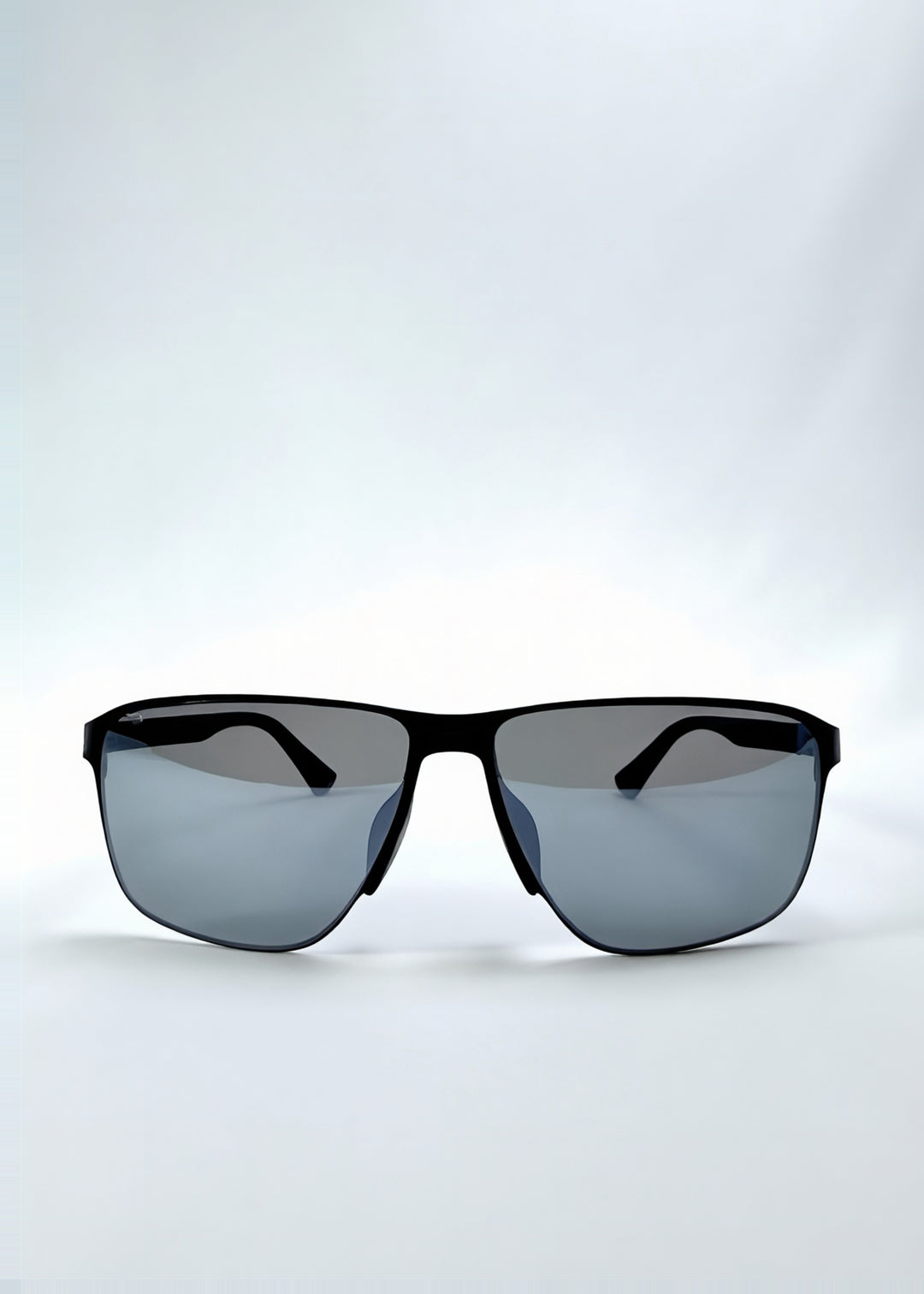 Front view of Vector Line sunglasses in Mercury Shadow, featuring wide black metal frame and silver mirrored polarized lenses, showing the full front silhouette.