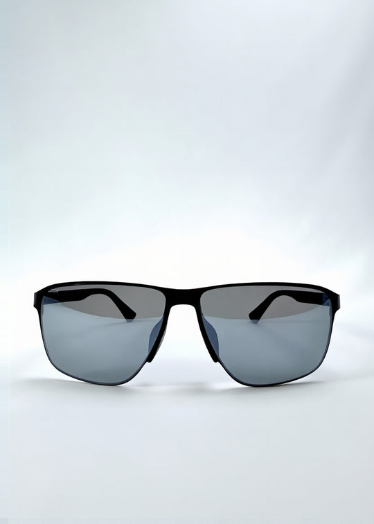 Front view of Vector Line sunglasses in Mercury Shadow, featuring wide black metal frame and silver mirrored polarized lenses, showing the full front silhouette.