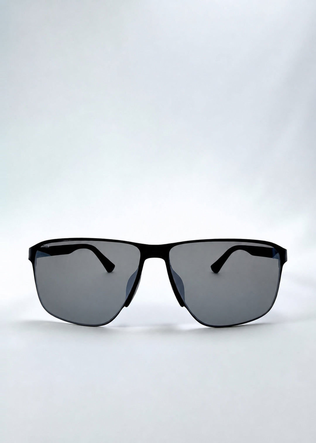 Front view of Vector Line sunglasses in Mercury Shadow, featuring wide black metal frame and silver mirrored polarized lenses, showing the full front silhouette. 