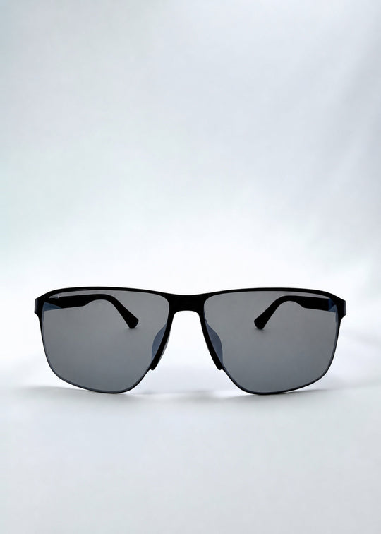 Front view of Vector Line sunglasses in Mercury Shadow, featuring wide black metal frame and silver mirrored polarized lenses, showing the full front silhouette. 