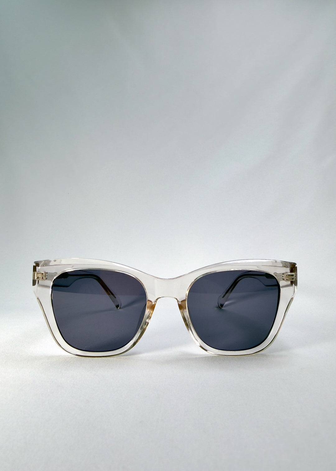 Front view of Veyron sunglasses in Crystal Static showing transparent acetate frame and dark grey lenses.