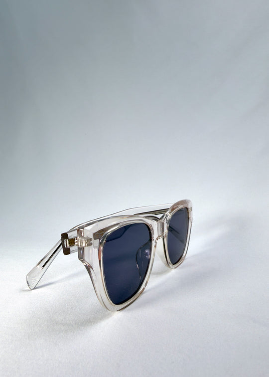 Right front-angle view of Veyron Crystal Static sunglasses displaying clear frame edges and dark nylon lenses.