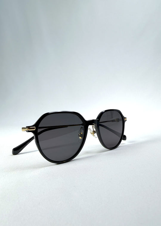 Folded view of AZE Vireo Arc sunglasses in Duskgold, featuring a dark softly geometric frame, gold-tone accents, and smoky gray lenses, showing the folded temples and frame profile.