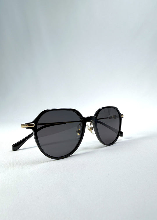 Folded view of AZE Vireo Arc sunglasses in Duskgold, featuring a dark softly geometric frame, gold-tone accents, and smoky gray lenses, showing the folded temples and frame profile. 