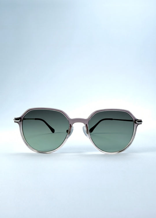 Front view of AZE Vireo Arc sunglasses in Verdant Halo, featuring a translucent smoky mauve frame and green gradient lenses, showing the full front silhouette.