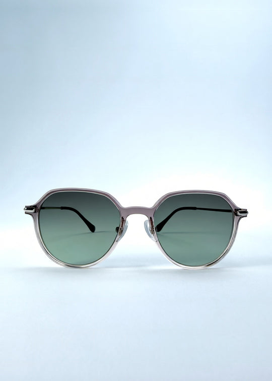 Front view of AZE Vireo Arc sunglasses in Verdant Halo, featuring a translucent smoky mauve frame and green gradient lenses, showing the full front silhouette. 