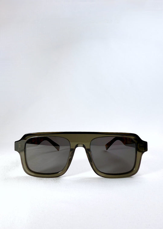 Front view of Vortex Edge - Ash Tortoise, featuring a translucent grey rectangular frame with dark polarized lenses. 